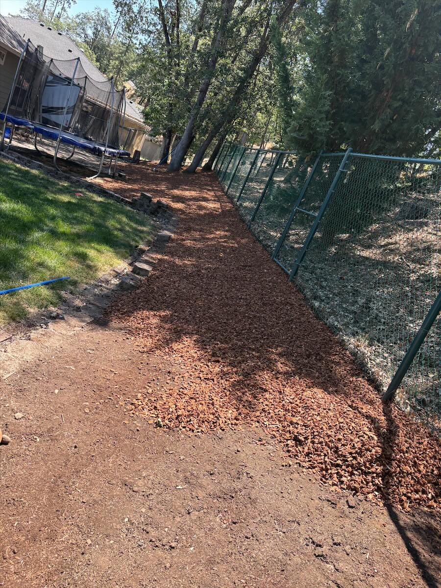 Fresh mulch spread along a shaded fence line under trees