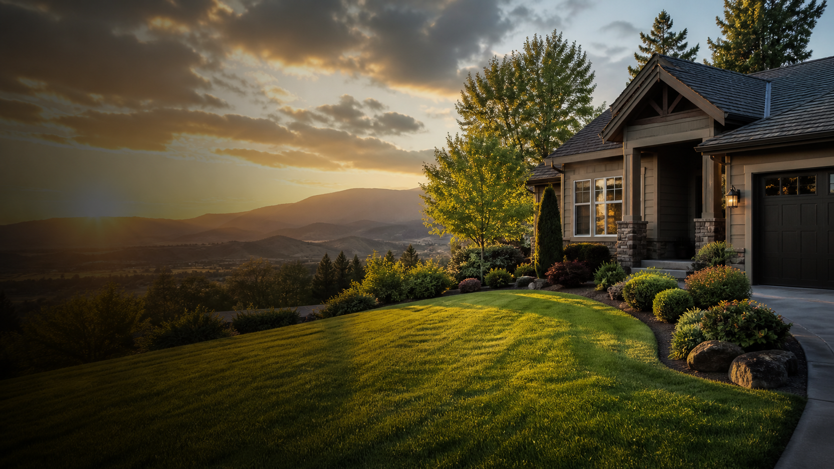 Freshly maintained Southern Oregon lawn and home exterior at golden hour